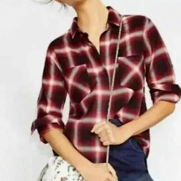 Anthropologie Cloth & Stone Button Front Long Sleeve Plaid Flannel Shirt XS EUC - Picture 2 of 15